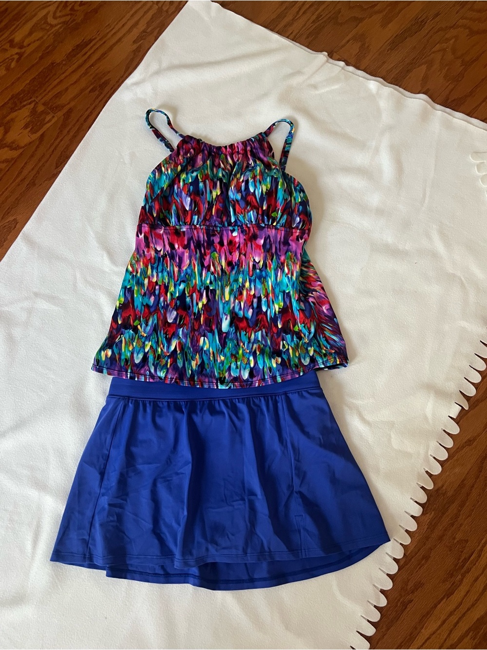 Caribbean Joe Multicolor Abstract Print Tankini with Blue Skirt